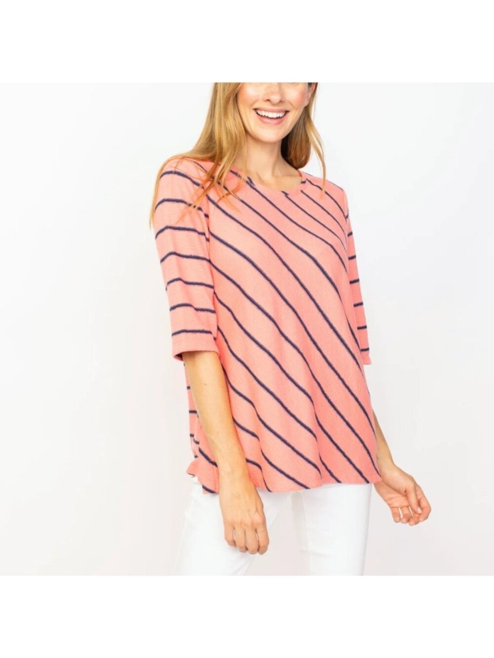 Habitat Size L Coral Navy Striped Cotton Blend Elbow Sleeve Tunic Top Pullover